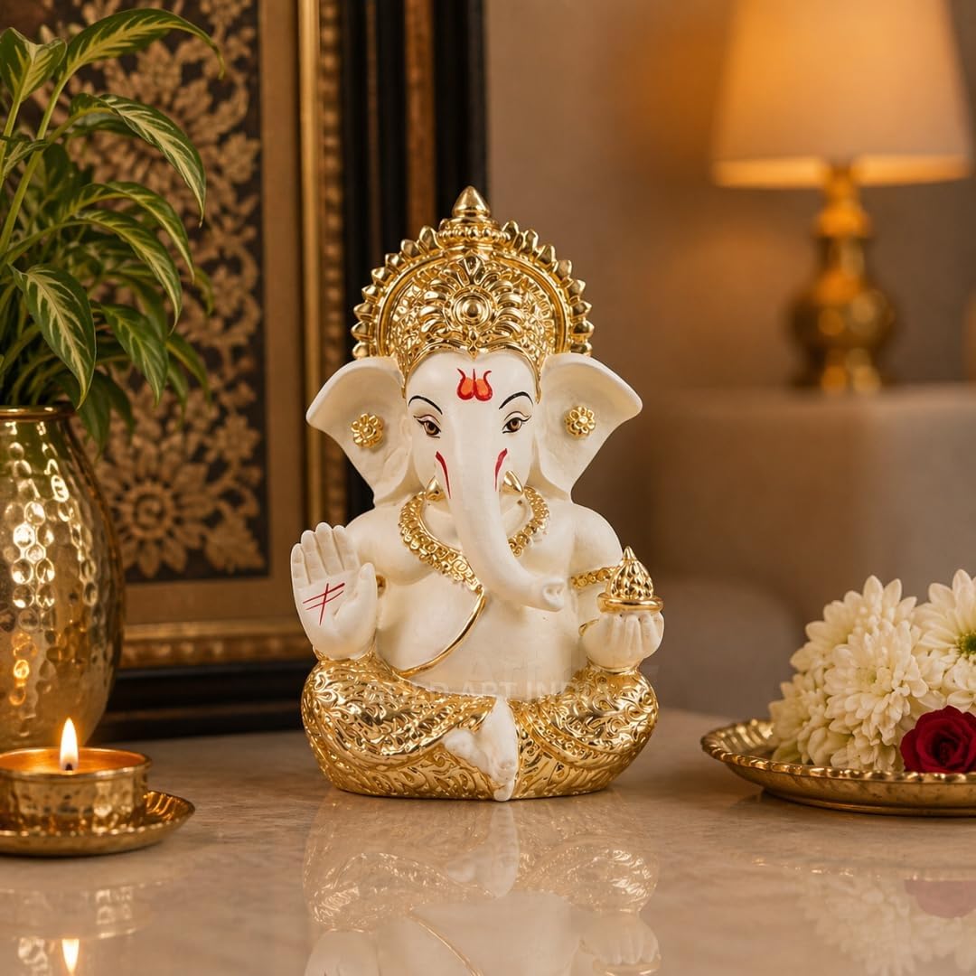 Gold Art India Lord Ganesha Gold Plated Idol | Elegant Off White Finish | Premium Peacock Green Velvet Gift Box | Ganesh Murti for Home Temple, Office Desk & Car Dashboard | Spiritual Gift