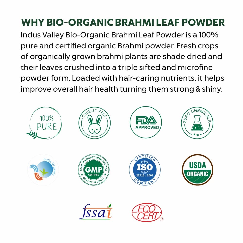 Advertisement for Indus Valley Bio-Organic Brahmi Leaf Powder with certification logos on a white background.