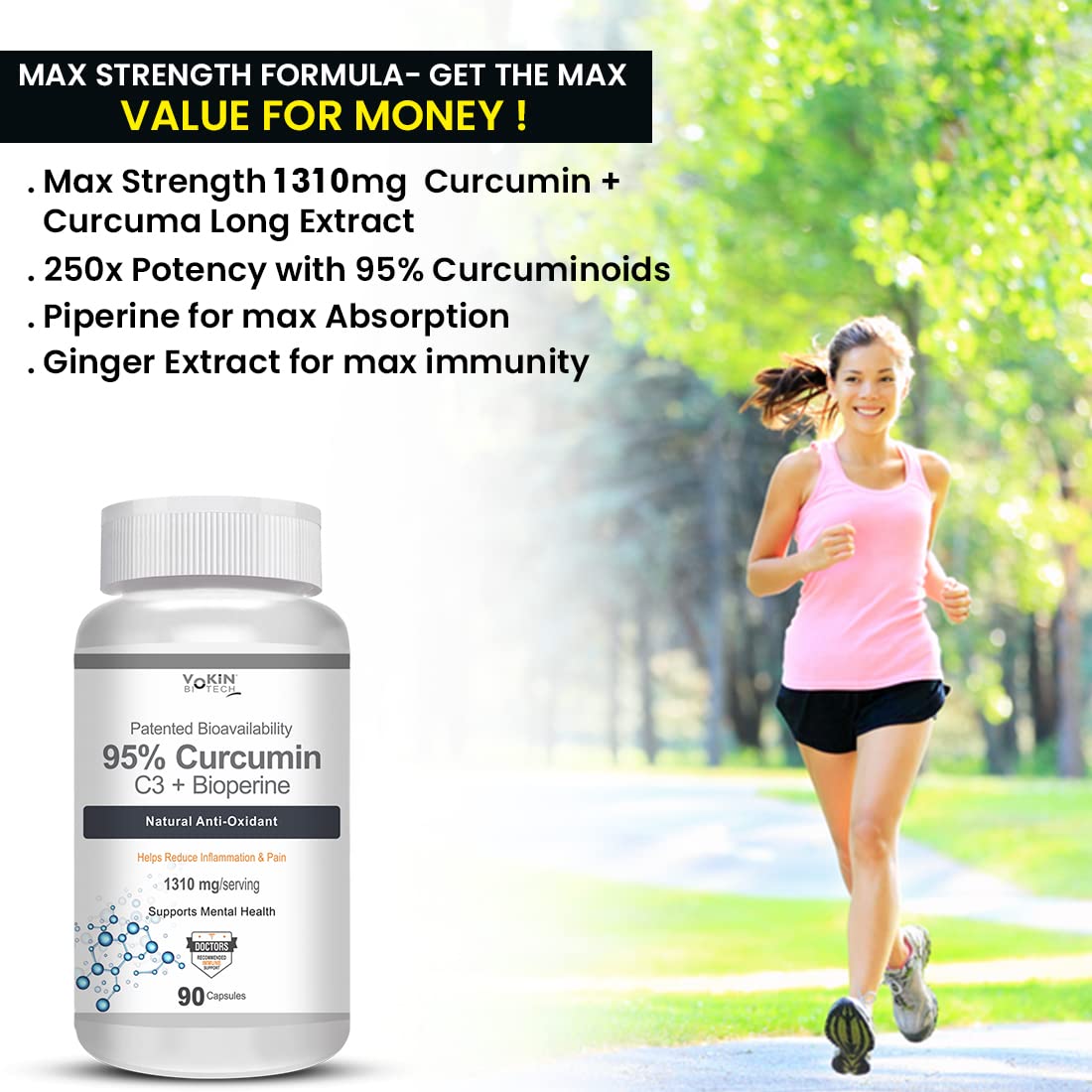 Supplement bottle with woman running in a park, highlighting product benefits.