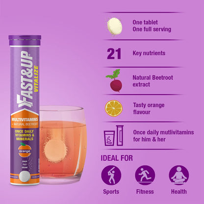Fast&Up Multivitamins packaging with a glass of orange juice on a purple background