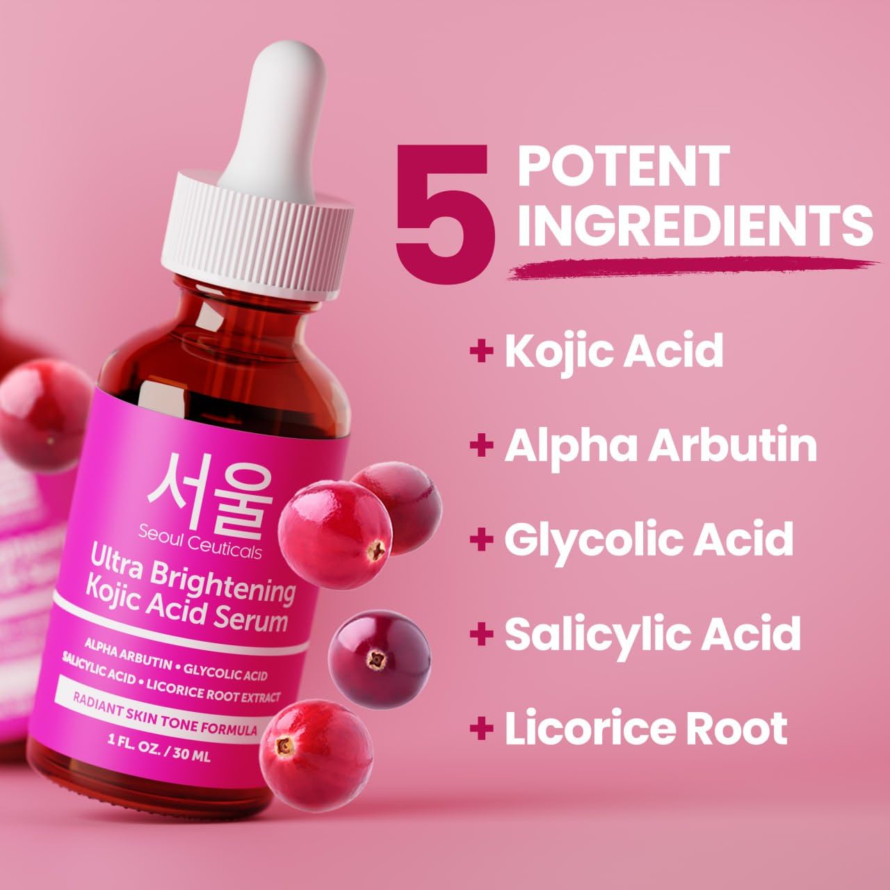 SeoulCeuticals Korean Skin Care Kojic Acid Serum Alpha Arbutin – Dark Spot Remover Corrector Glycolic Acid + K Beauty 1oz