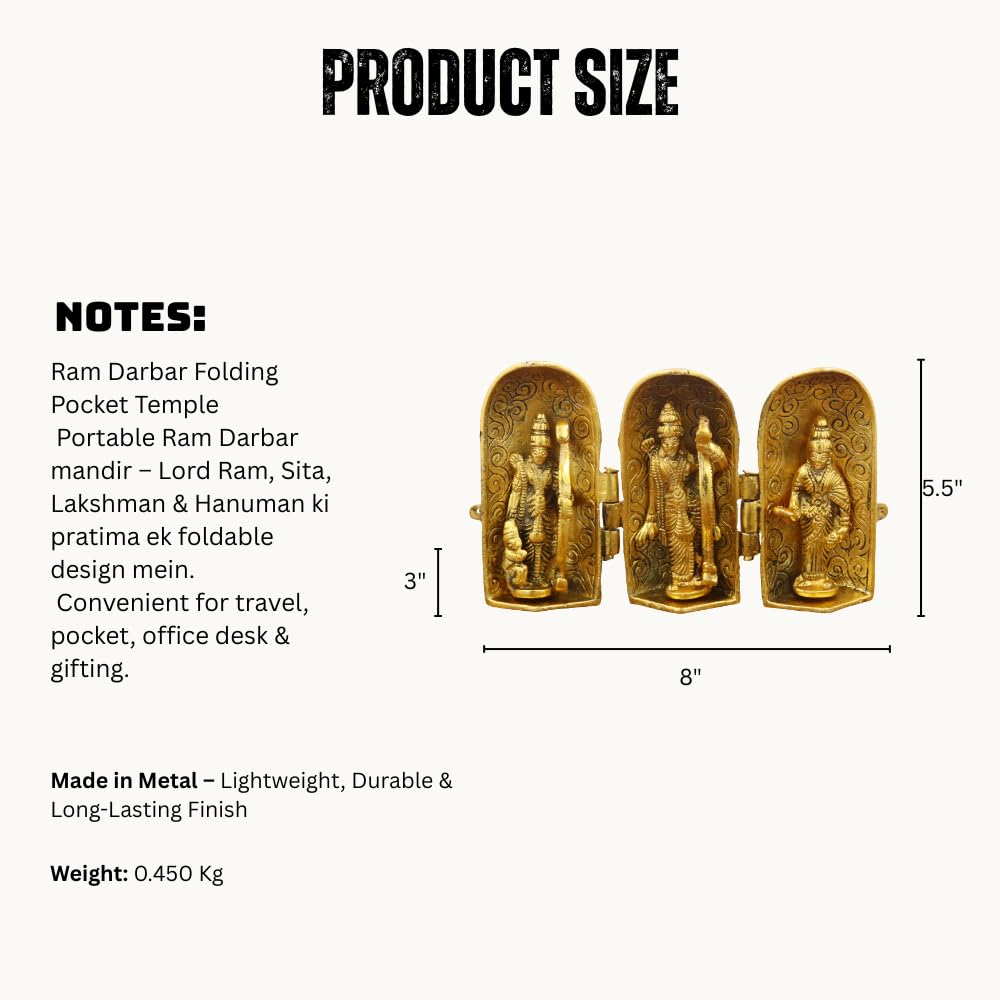 Gold Plated Foldable Ram Darbar Idol with Case Ram, Sita, Lakshman & Hanuman Statue for Home Dcor, Temple and Gifting