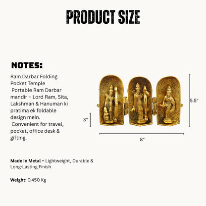 Gold Plated Foldable Ram Darbar Idol with Case Ram, Sita, Lakshman & Hanuman Statue for Home Dcor, Temple and Gifting