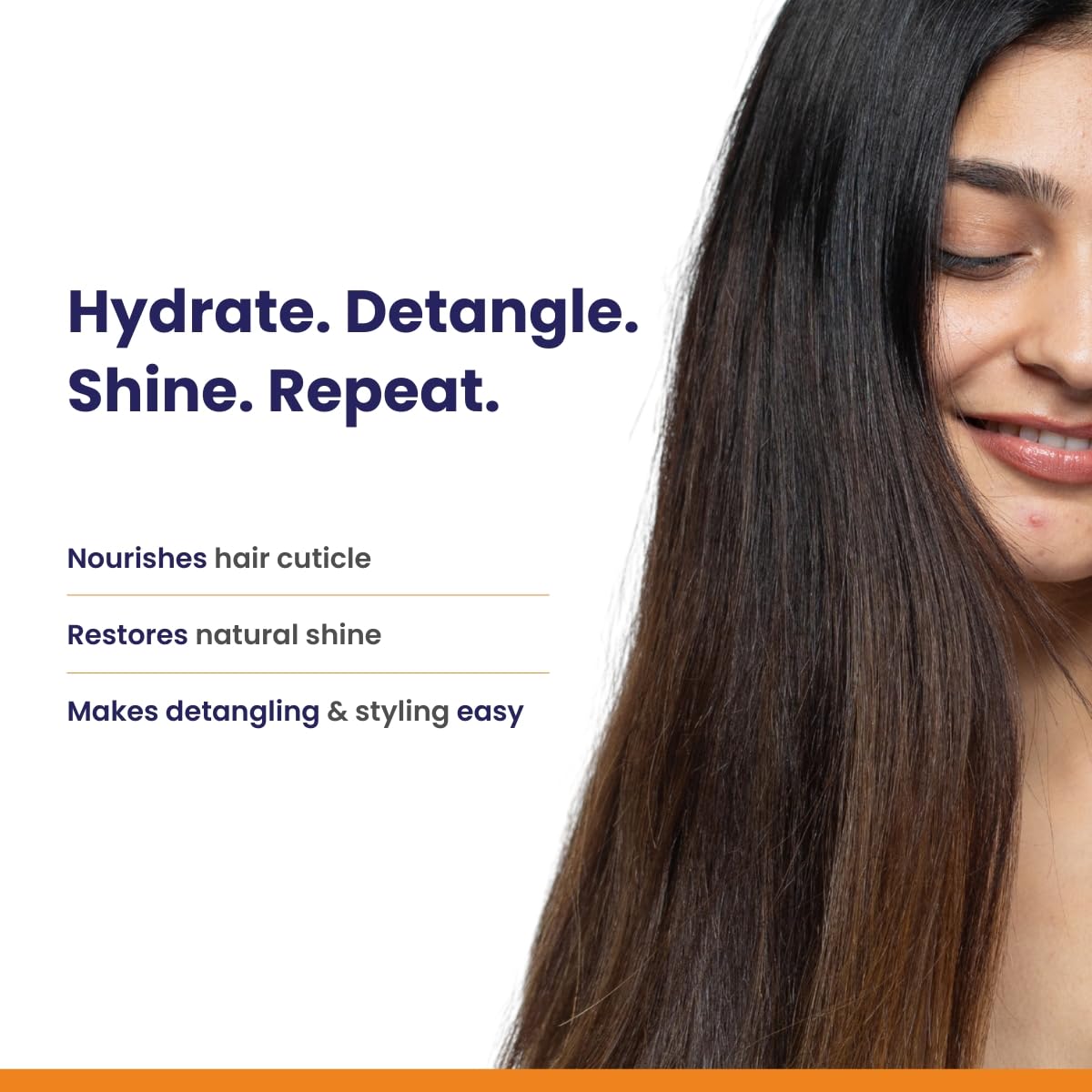 Woman with long, healthy hair with text about hair care routine on a white background