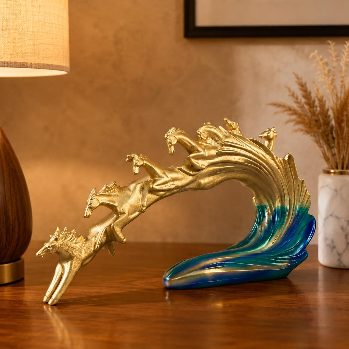 eCraftIndia Golden Running Horse Family Showpiece for Home Décor | Abstract Horse Sculpture with Blue Wave Base | Decorative Figurine for Living Room, Office Table & Gifting