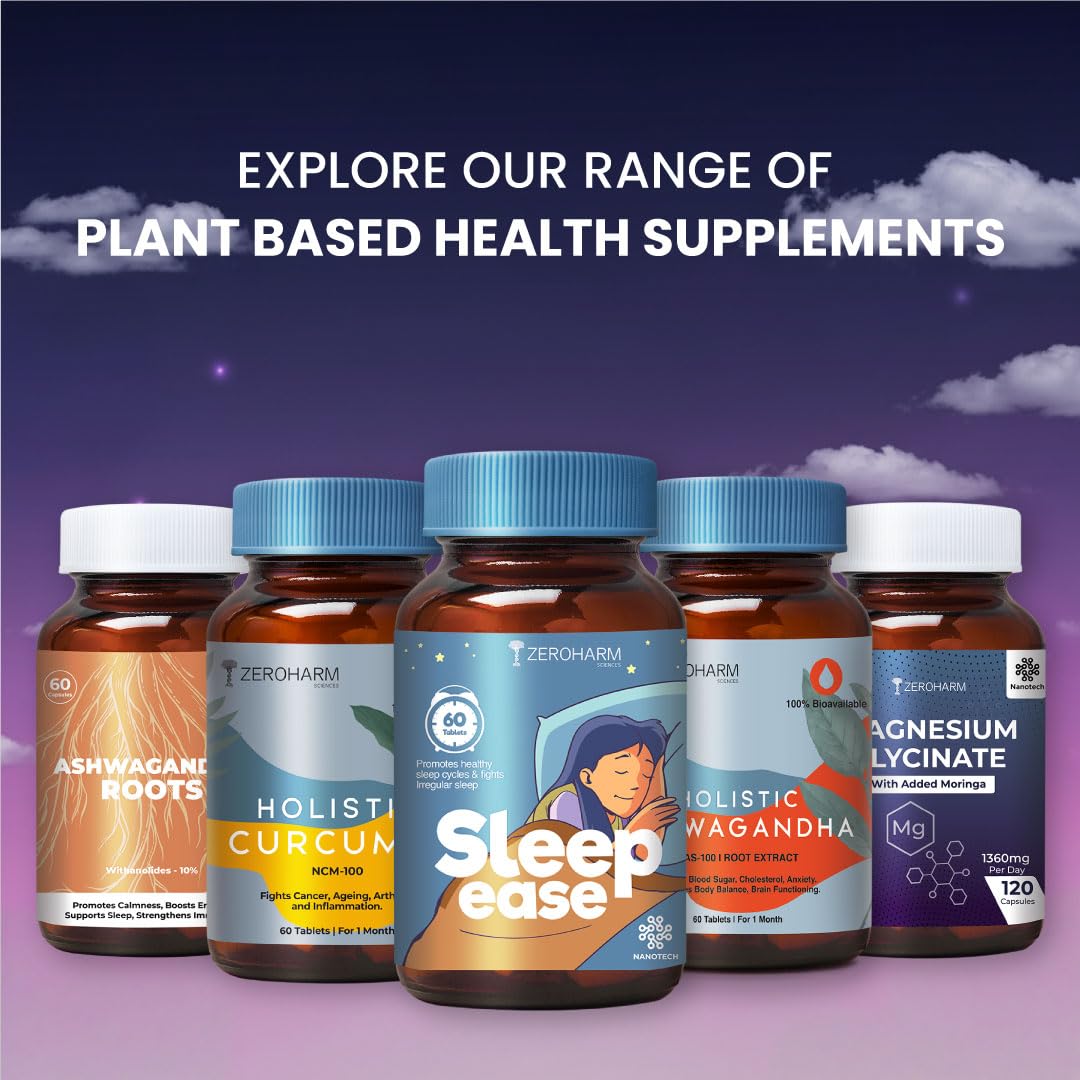 ZEROHARM Sleep Ease | No Melatonin | With Valerian, Ashwagandha, Jatamansi & Hops | Plant-Based Sleep Support | Non-Habit Forming | Promotes Deep Restful Sleep & Relaxation for Men, Women | 60 Tablets