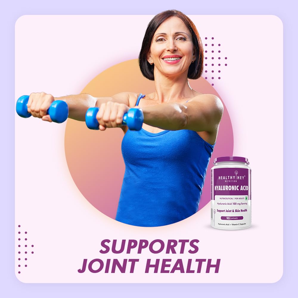 Woman exercising with dumbbells and a supplement bottle labeled 'Healthy Way Hyaluronic Acid' on a light purple background.