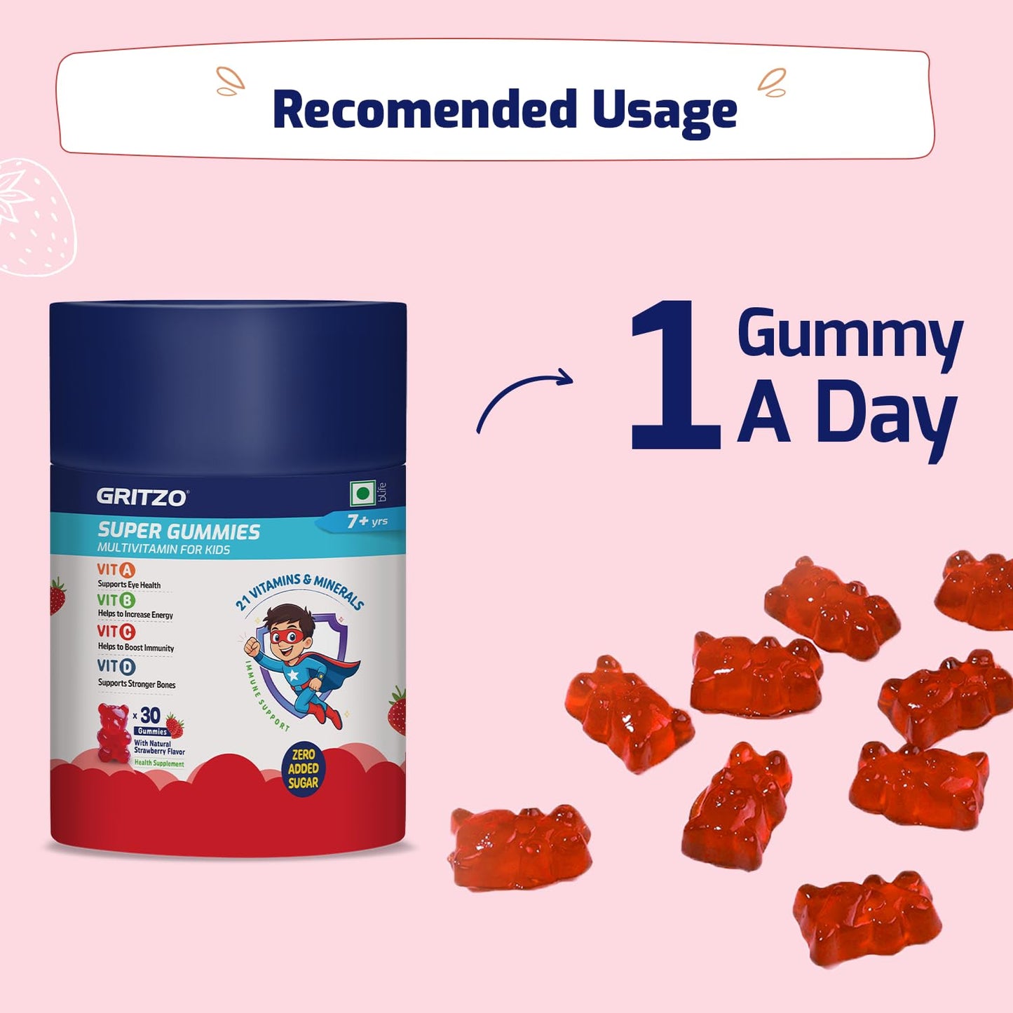Gritzo Super Gummies Multivitamin (7+y Kids) (Strawberry Flavour, 30 Gummies) | Zero Added Sugar, 21 Vitamins & Minerals