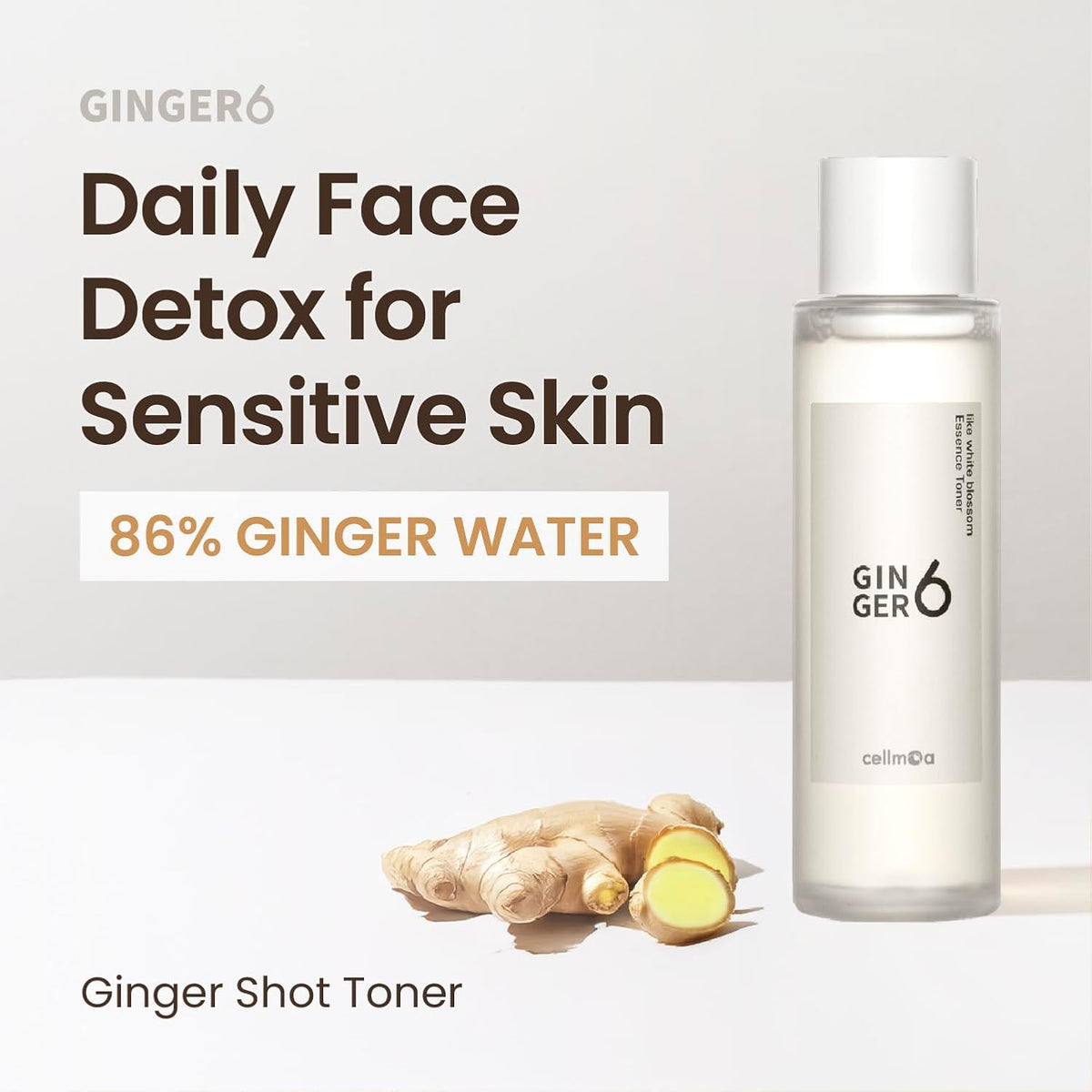 Ginger 6 Daily Face Detox for Sensitive Skin product with ginger root on a light background
