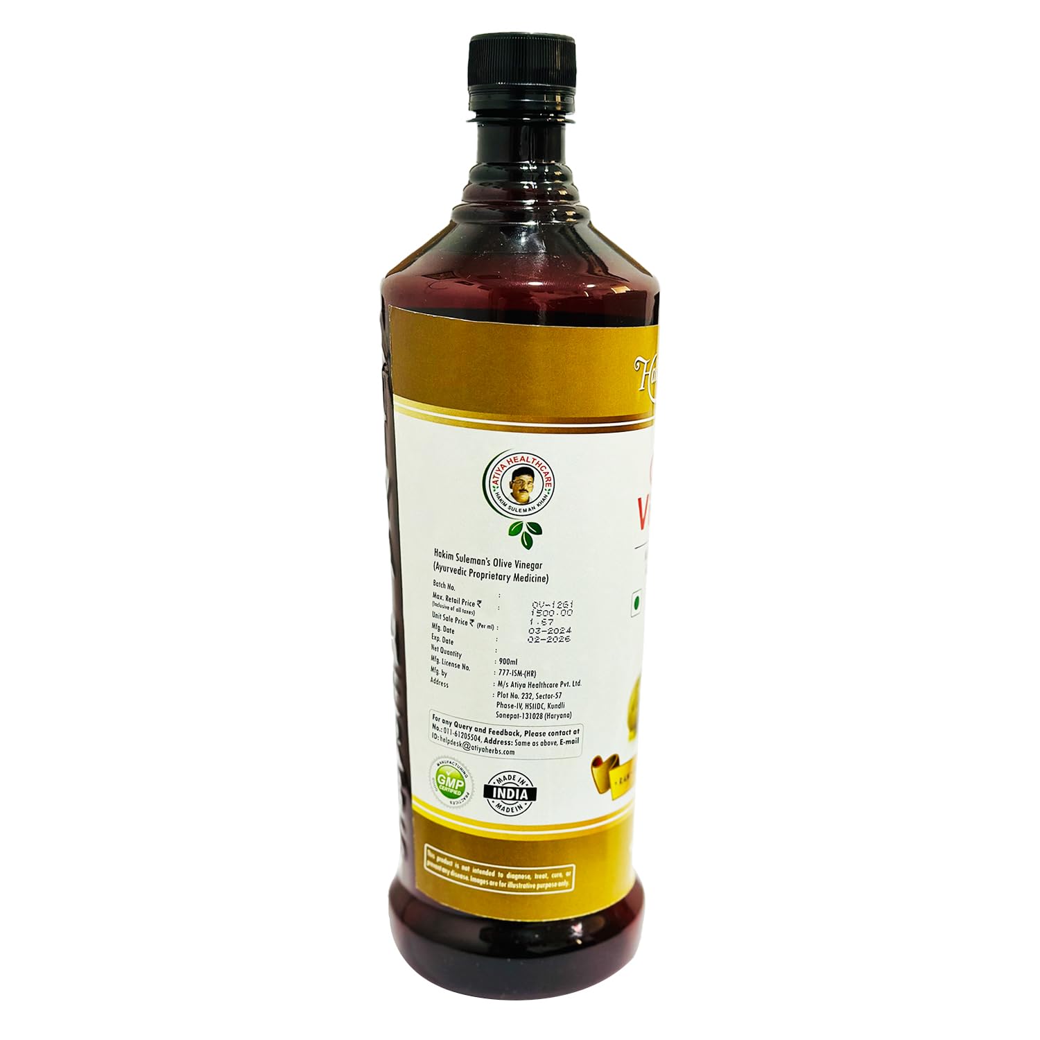 Zephivo Hakim Suleman's Olive Vinegar, Organic Olive Vinegar, Natural Olive Vinegar, Zaitoon ka Sirka For Weight Management, Reduced Bloating, Healthy Skin & Hair help In Overall Wellness 900ml
