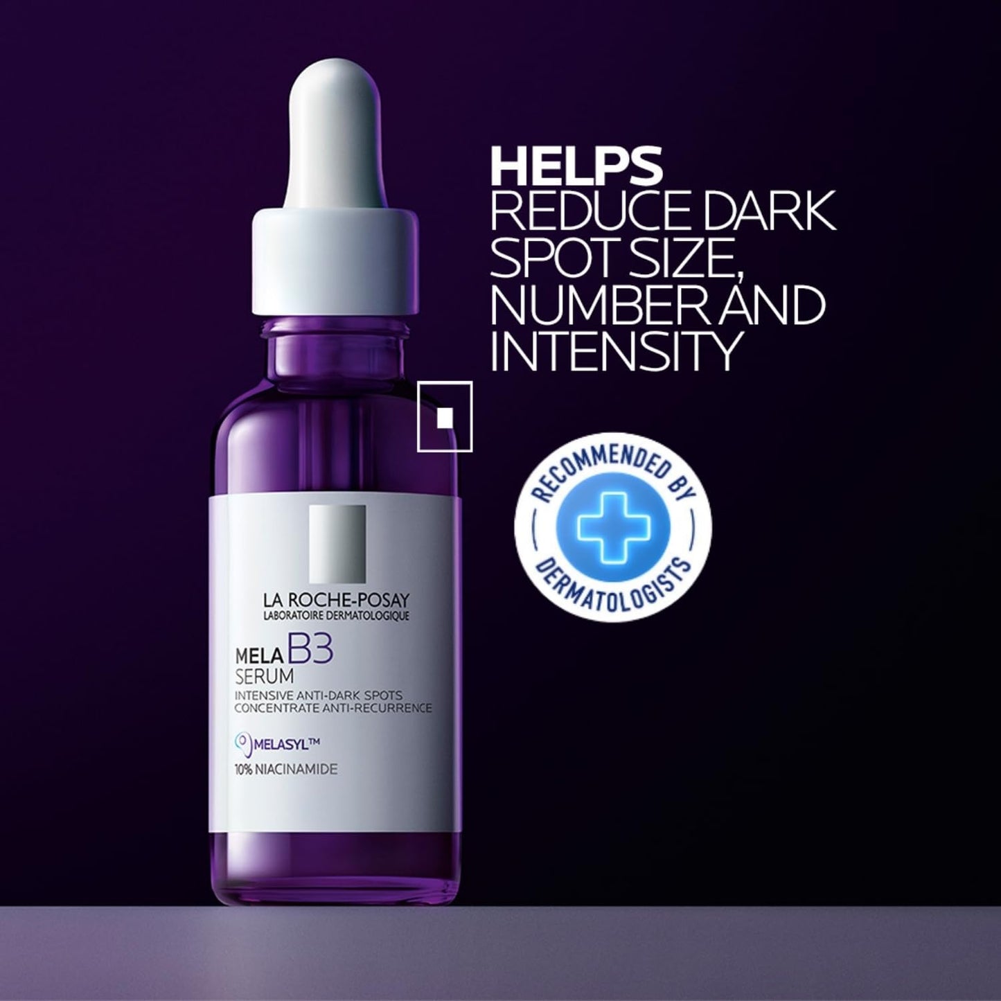 La Roche-Posay Mela B3 Serum bottle with text on a purple background