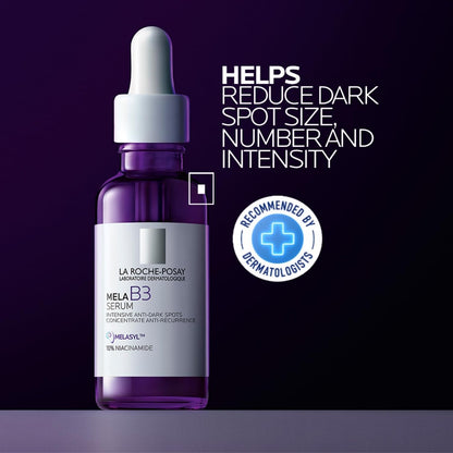 La Roche-Posay Mela B3 Serum bottle with text on a purple background