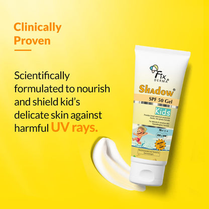 Fixderma Shadow Sunscreen SPF 50+ Gel for Kids PA+++ | Broad Spectrum Sunscreen for UVA & UVB Protection, Non-Greasy & Water Resistant - For Kids 2+ Years Age, 75gm