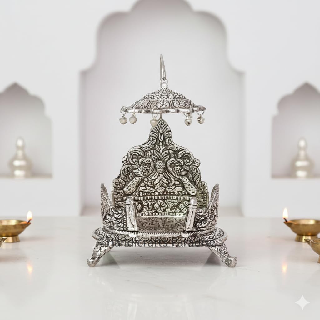 Metal Singhasan with Chhatra Antique Silver Finish Divine Peacock Design Pooja Chowki Seat for Laddu Gopal Temple Decoration - 7 Inch