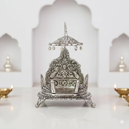 Metal Singhasan with Chhatra Antique Silver Finish Divine Peacock Design Pooja Chowki Seat for Laddu Gopal Temple Decoration - 7 Inch