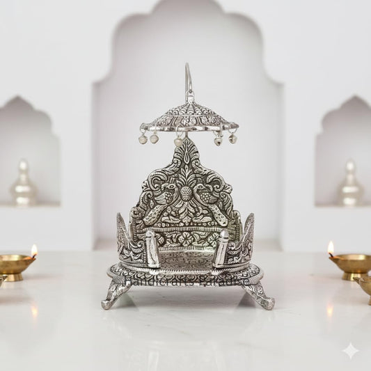 Metal Singhasan with Chhatra Antique Silver Finish Divine Peacock Design Pooja Chowki Seat for Laddu Gopal Temple Decoration - 7 Inch