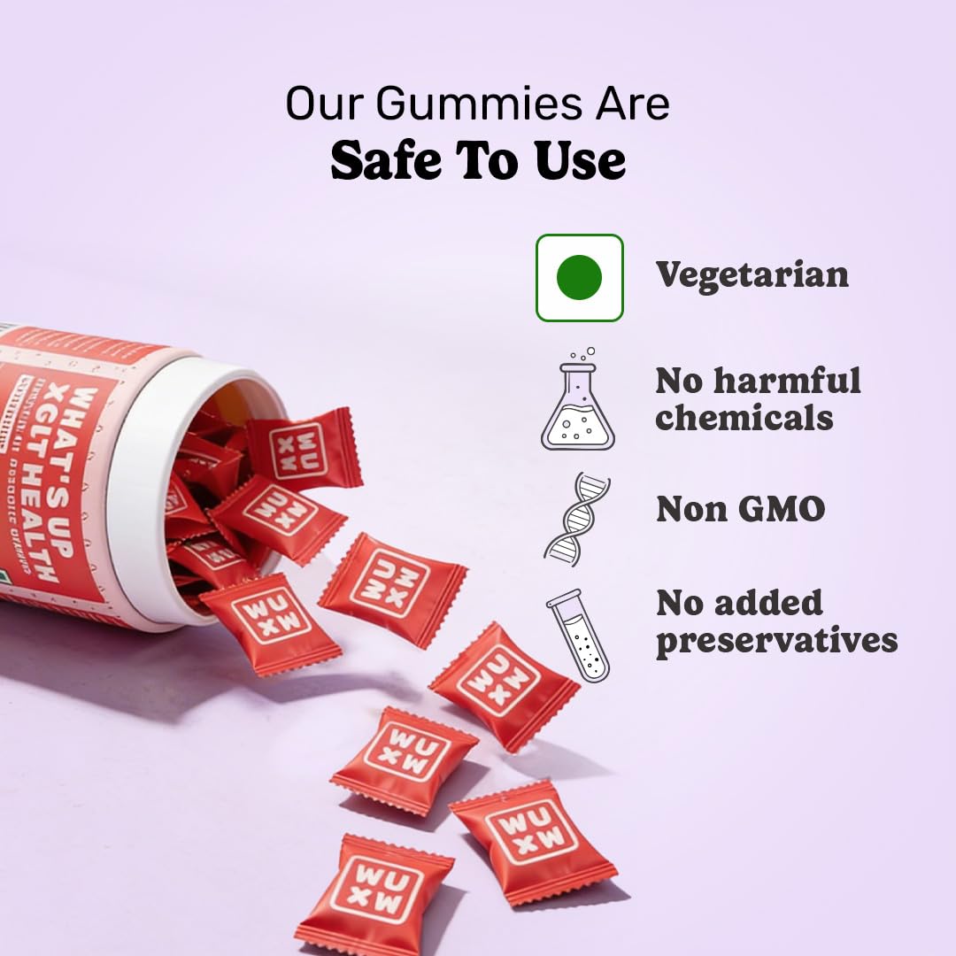 What's Up Wellness Gut Health Supplements Gummies | Prebiotics & Probiotics Supplement | Constipation, Bloating, Gas & Acidity Relief | Gut Cleanse Detox | Clinically Proven Strain | 30 Days