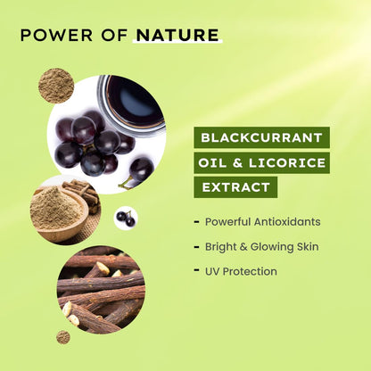 Advertisement for blackcurrant oil and licorice extract with natural ingredients on a green background.