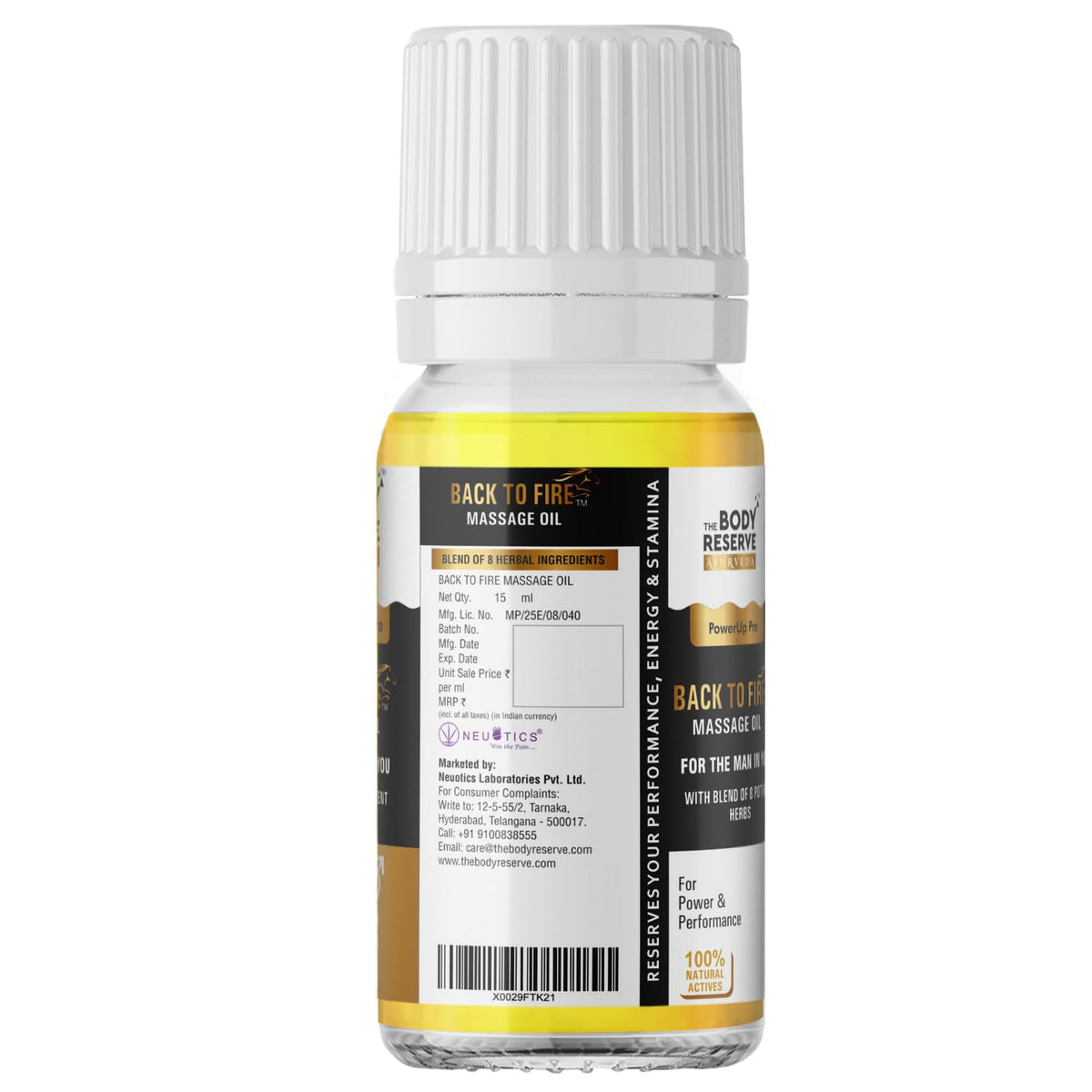 Bottle of Back to Fire massage oil on a white background