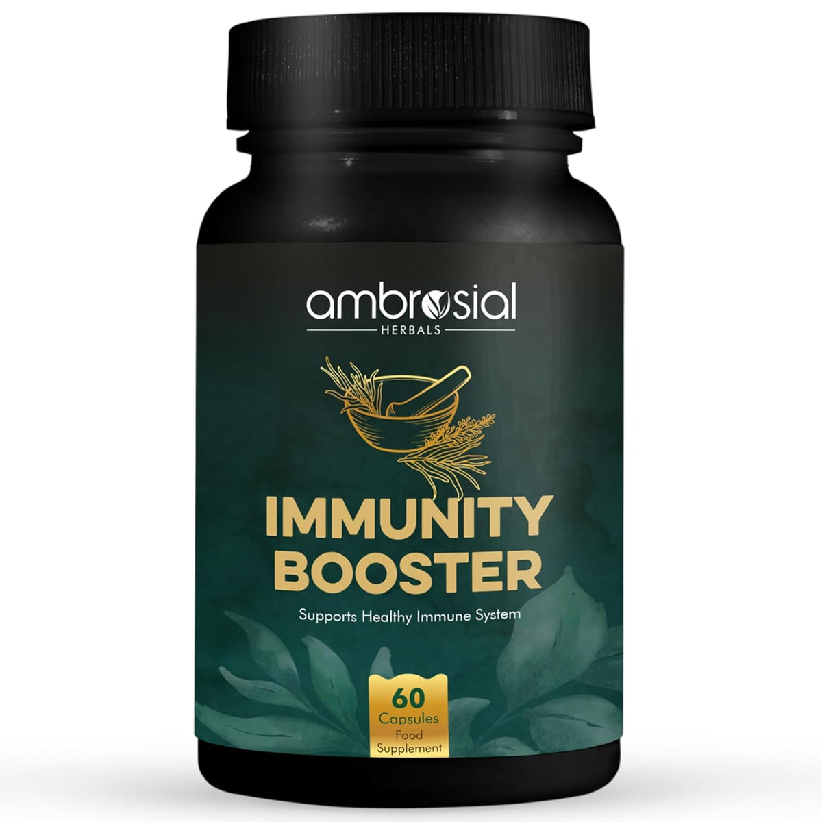 Black bottle of ambrosial Herbals Immunity Booster on a white background