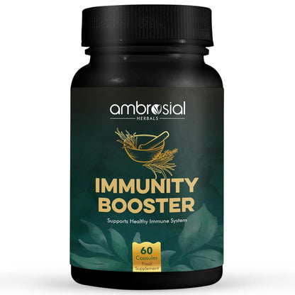 Black bottle of ambrosial Herbals Immunity Booster on a white background