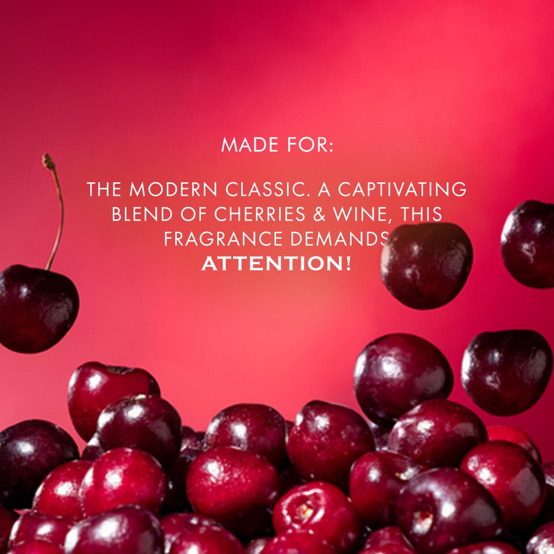 Cherries with a red background and text about a fragrance blend.