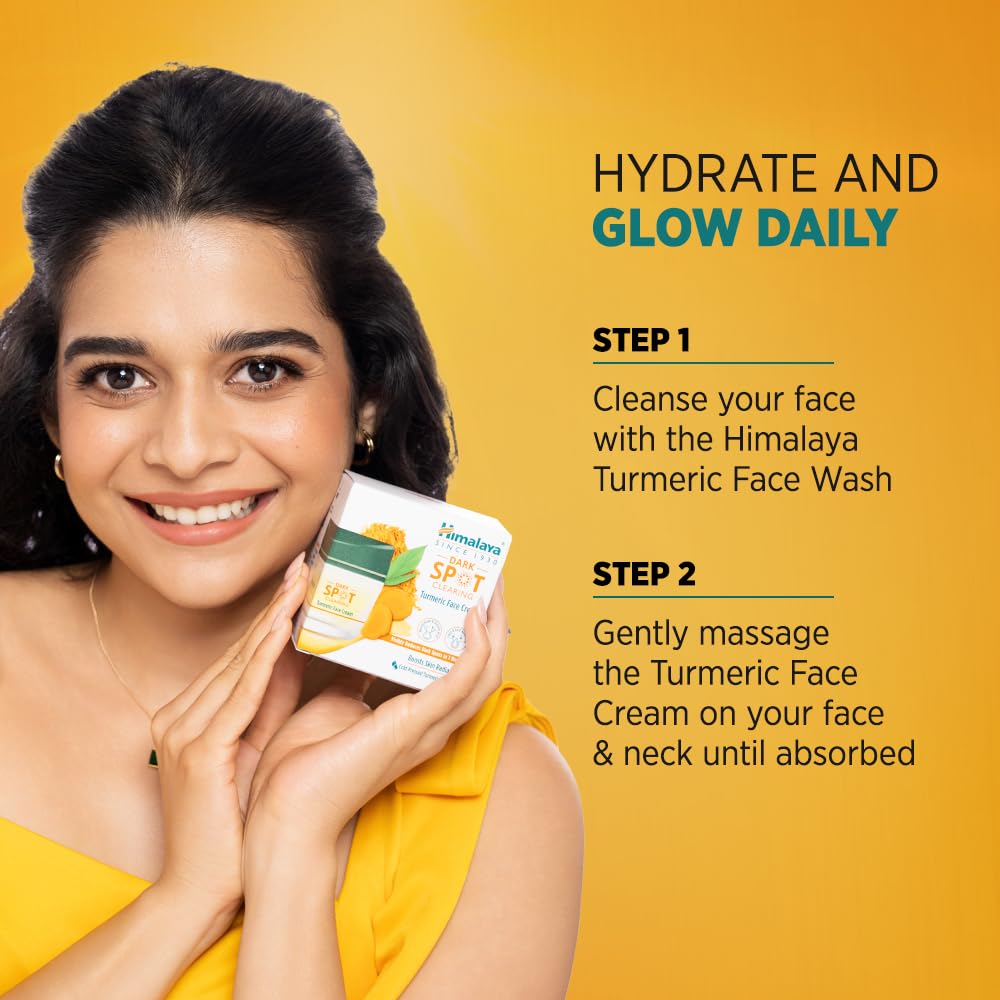 Woman holding a bottle of Turmeric Face Wash and a tube of Cream, with text on how to use it.