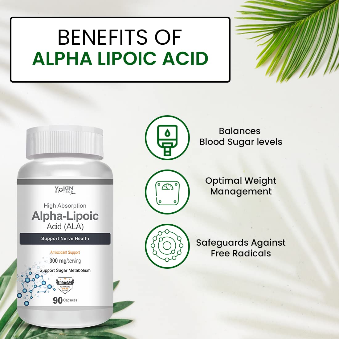 Alpha Lipoic Acid supplement bottle with benefits listed on a light background