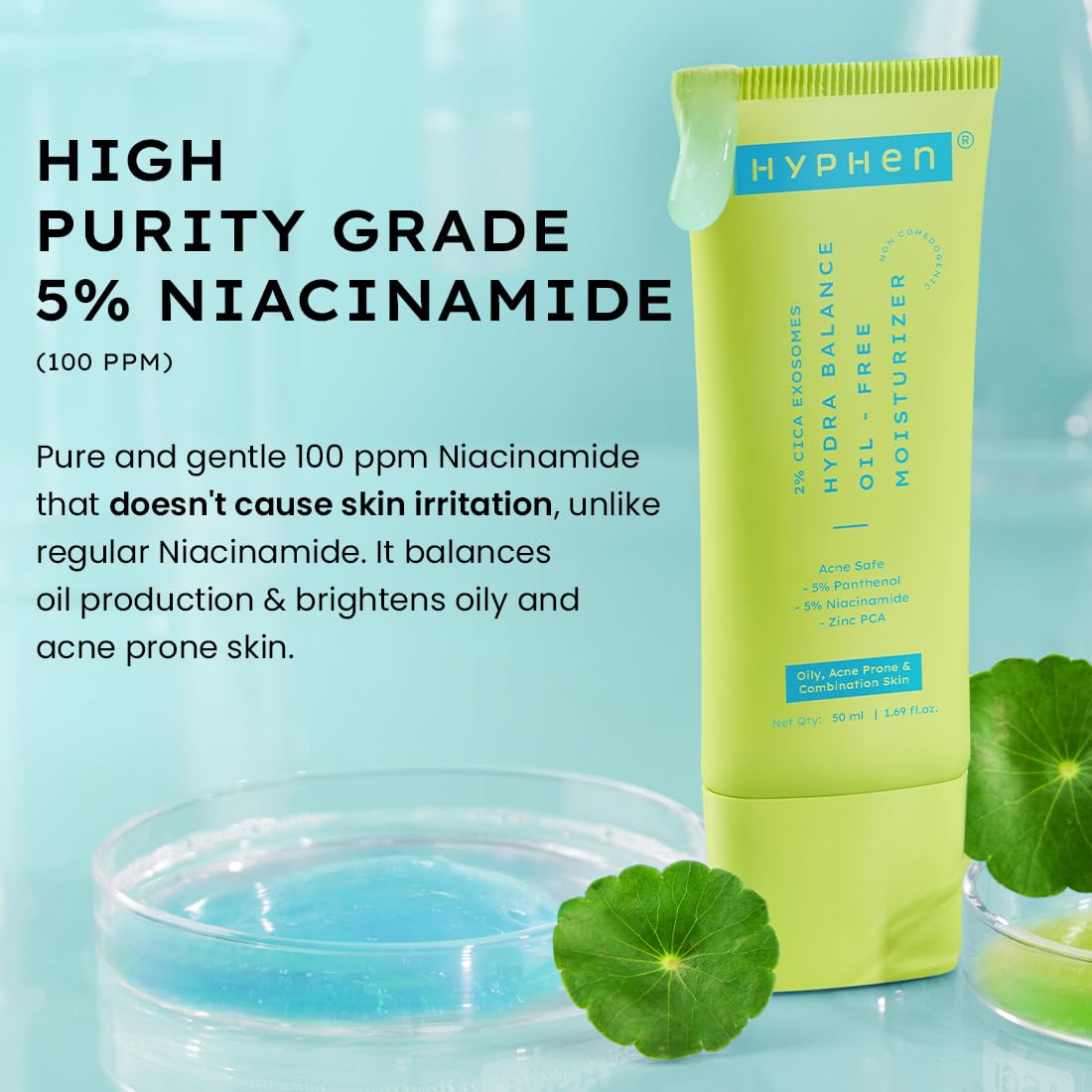 Green skincare product with text about high purity grade 5% Niacinamide on a light blue background