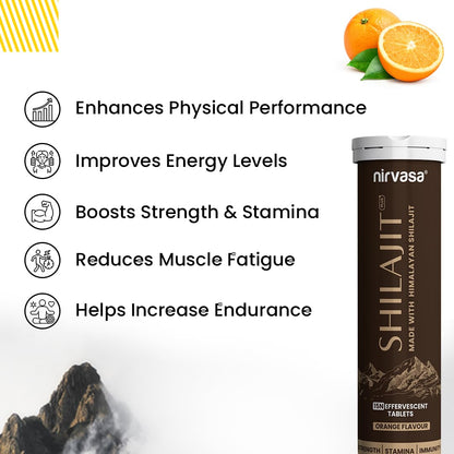 Nirvasa Shilajit Plus Effervescent Tablets (15 Tab) | Boosts Strength, Stamina, Energy & Performance | Supports Muscle Recovery, Endurance & Vitality | with 5 Powerful Herbs | Orange Flavour