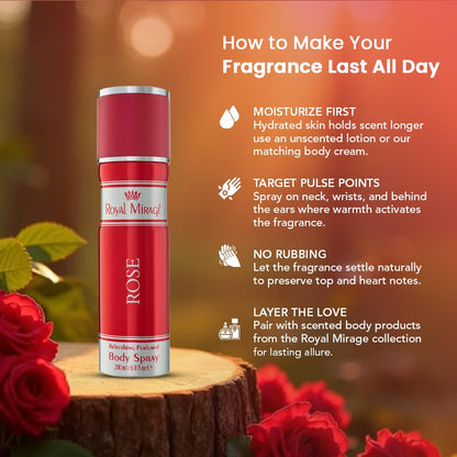 Red body spray can withRose branding on a wooden stump with red roses, surrounded by text on how to enhance fragrance longevity.