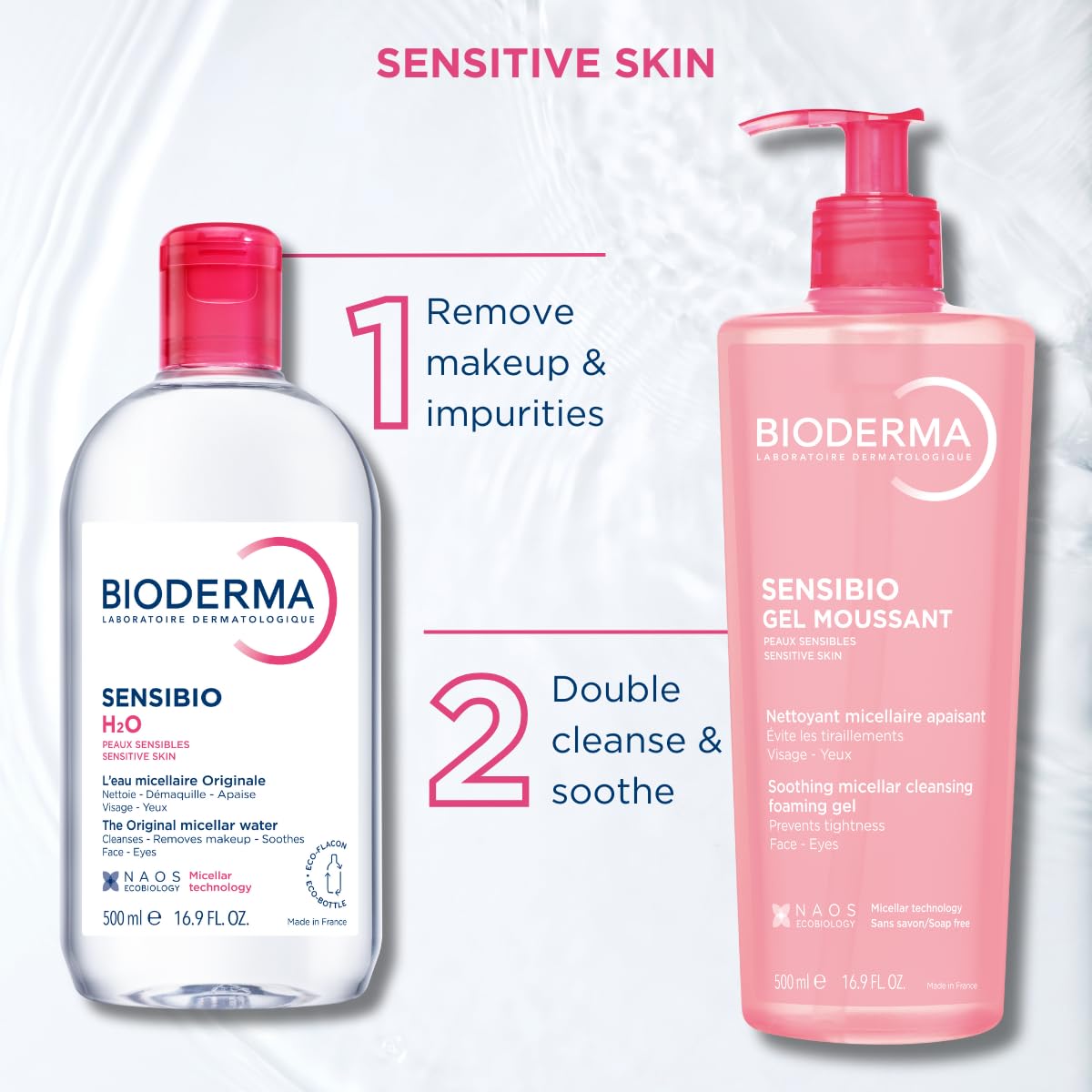Two Bioderma skincare products for sensitive skin on a white background