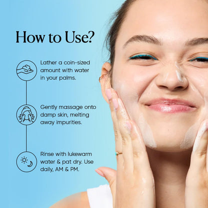 Woman applying skincare product with usage instructions on a blue background