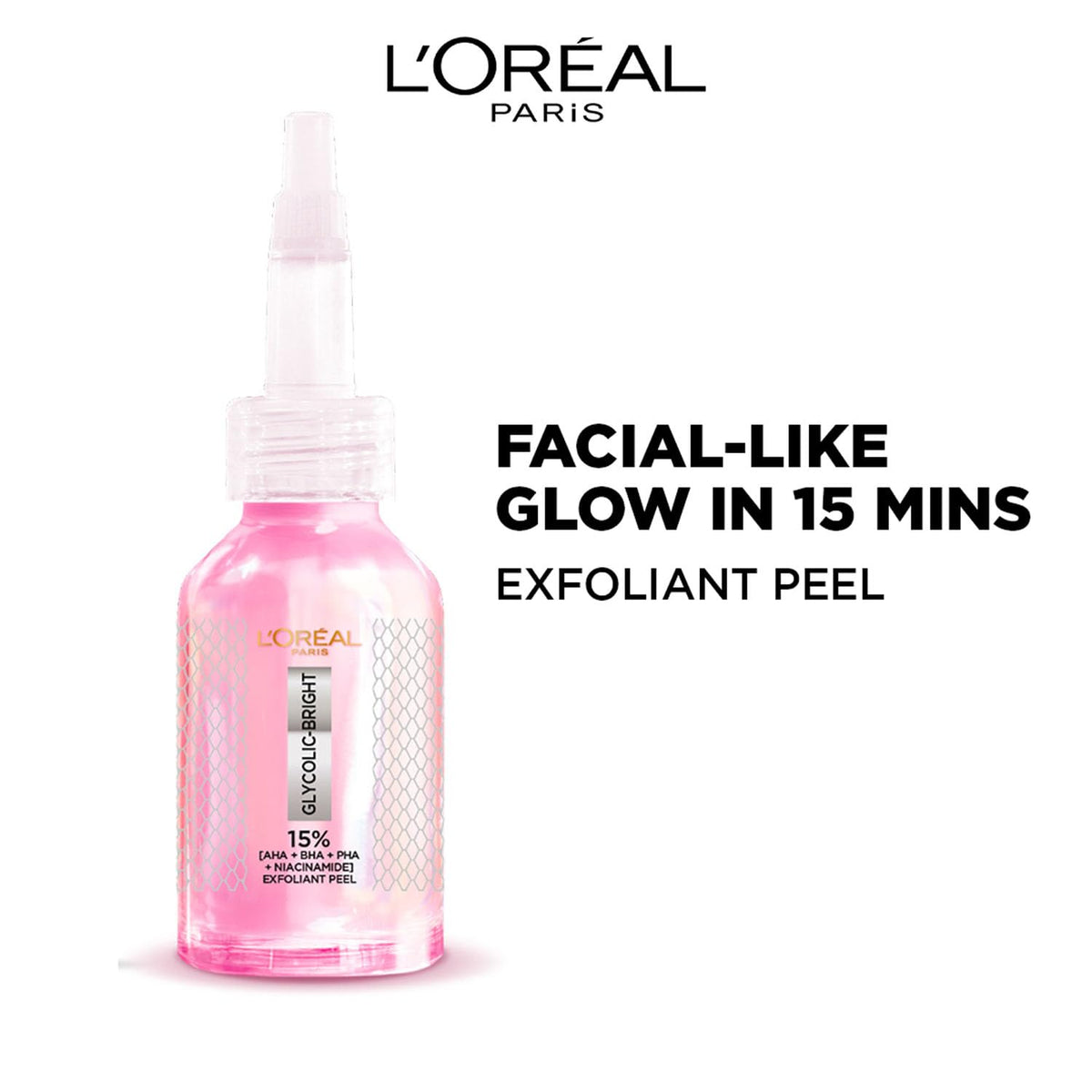 L'Oreal Paris exfoliant peel bottle with text on a white background