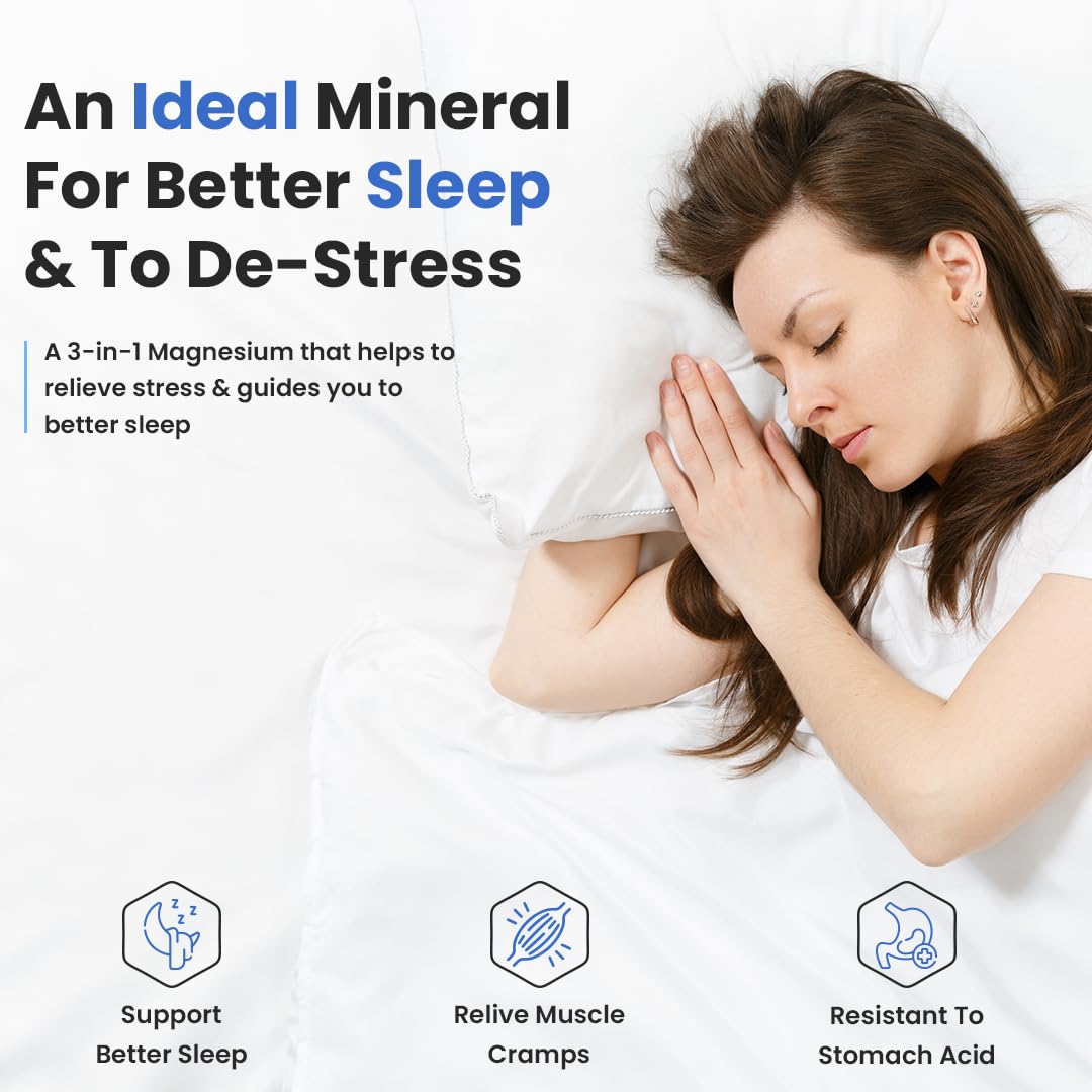 Woman sleeping with text about magnesium for better sleep and stress relief.
