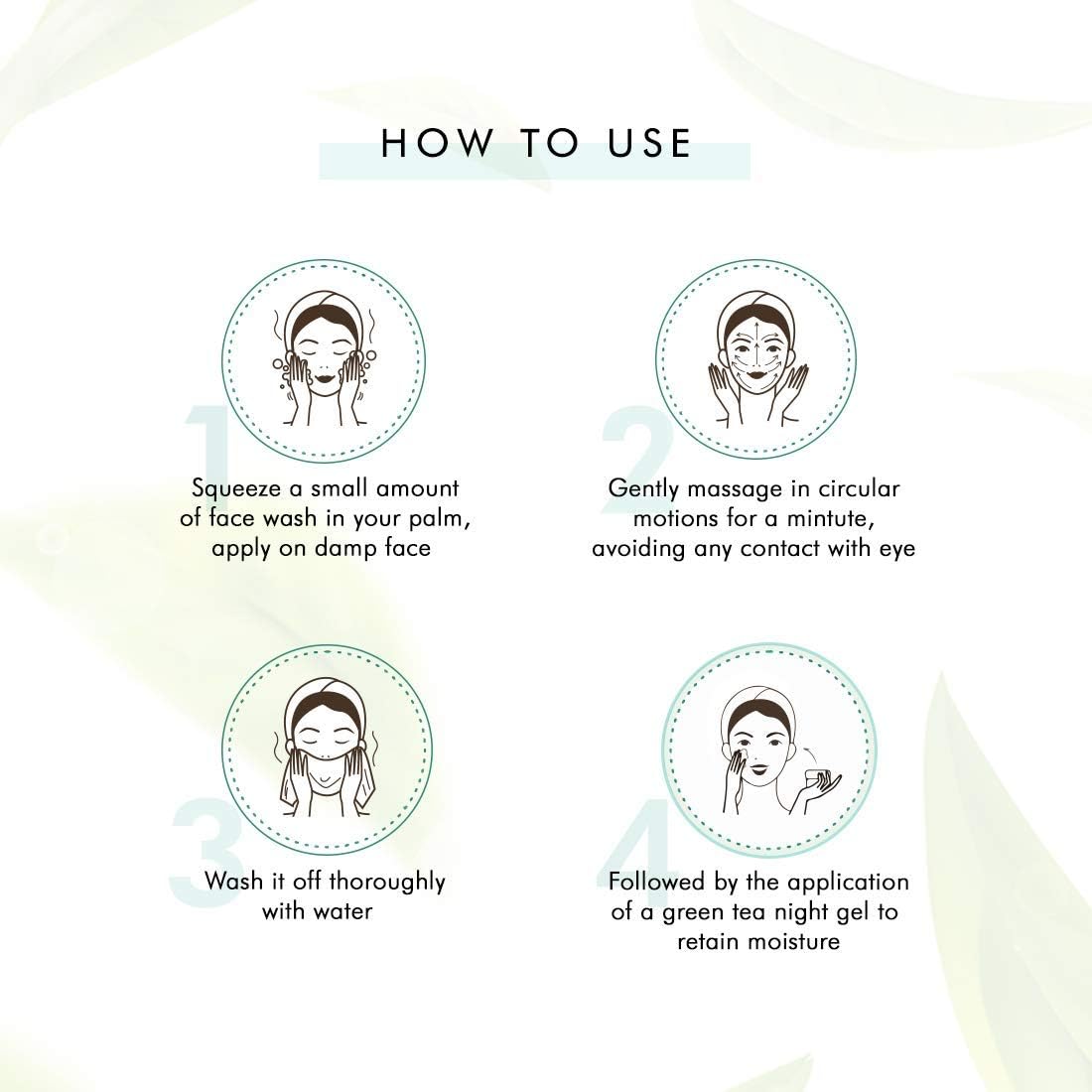 Step-by-step guide on how to use a facial product with icons and text.