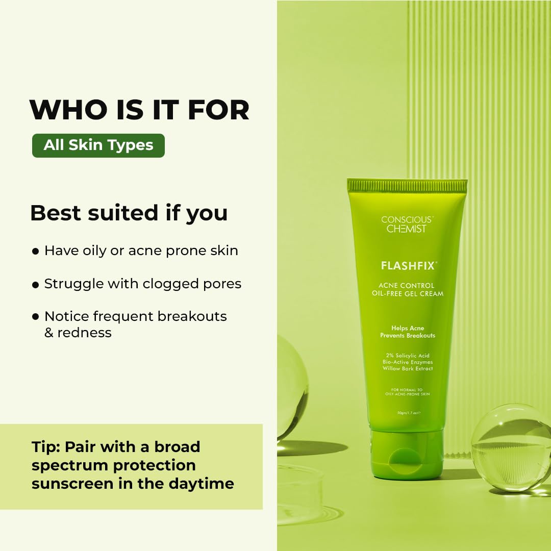 Green tube of conscious chemist FLASHFIX cream on a green background with text about skin types.