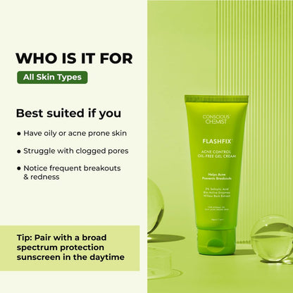 Green tube of conscious chemist FLASHFIX cream on a green background with text about skin types.