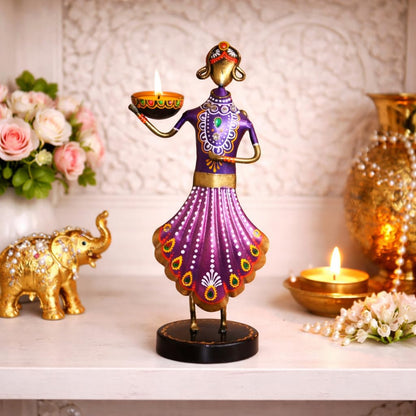 CraftVatika Home Decoration Items for Living Room, Aesthetic Home Decor, Rajasthani Lady Tealight Candle Holder Showpiece for Living Room Tabletop Housewarming Wedding for Man Women