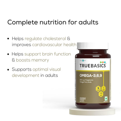 TrueBasics Omega-3,6,9 supplement bottle with text on a white background