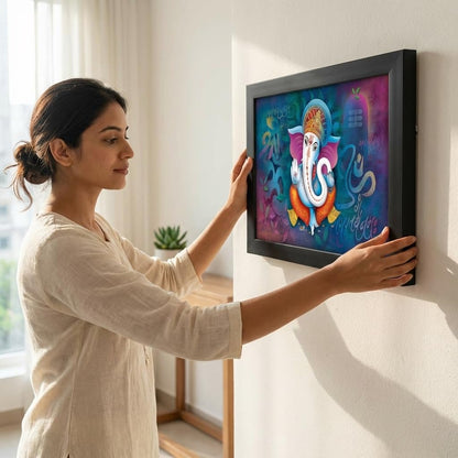 Ganesha Art Framed Painting | Ready to Hang | emits Positive Vibes - (Wooden Fiber Frame, 12inch x 18 inch)
