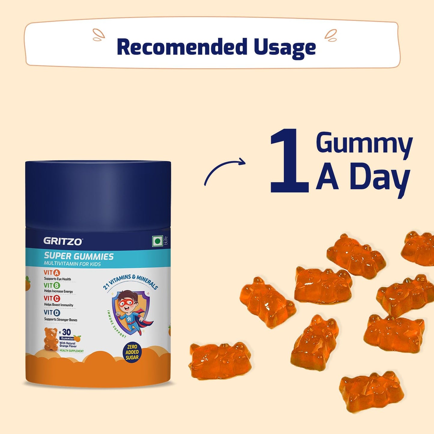 Gritzo Super Gummies, Multivitamin for Kids (Natural Orange Flavour, 30 Gummies) | Zero Added Sugar, 21 Vitamins & Minerals