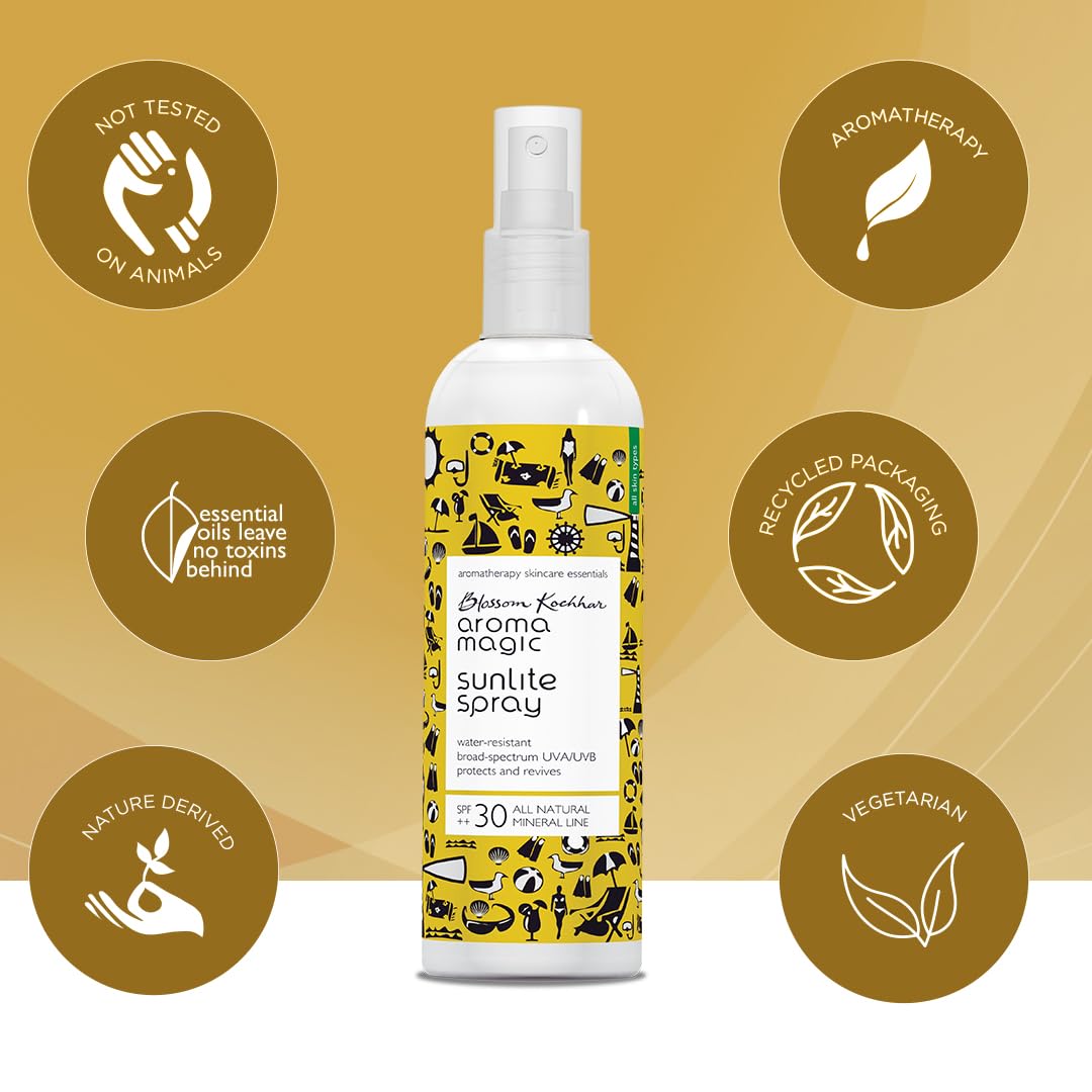 Aroma Magic Sunlite Mineral Sunscreen Spray SPF 30++ | Zinc Oxide Sun Protection | Anti-Aging, Non-Greasy & Water Resistant | Vitamins B5 C E | All Skin Types | 100ml