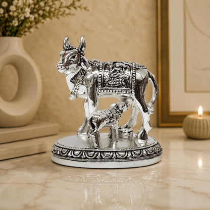 Gold Art India Kamdhenu Cow and Calf Idol | Silver Finish Decorative Murti | 7.62 cm x 7.62 cm | Sacred Gau MATA Statue for Home Temple & Gift