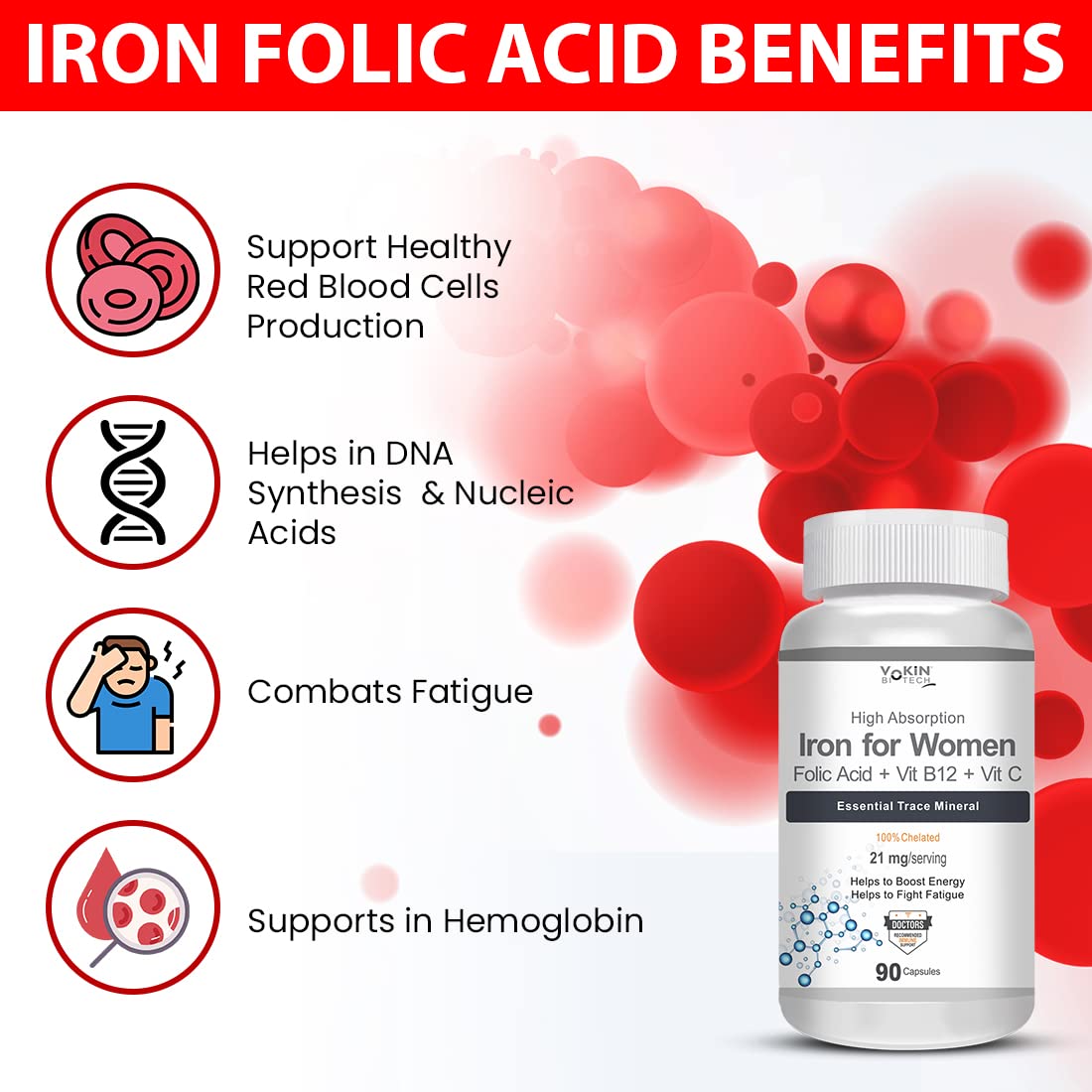 Iron folic acid benefits with a supplement bottle on a red and white background