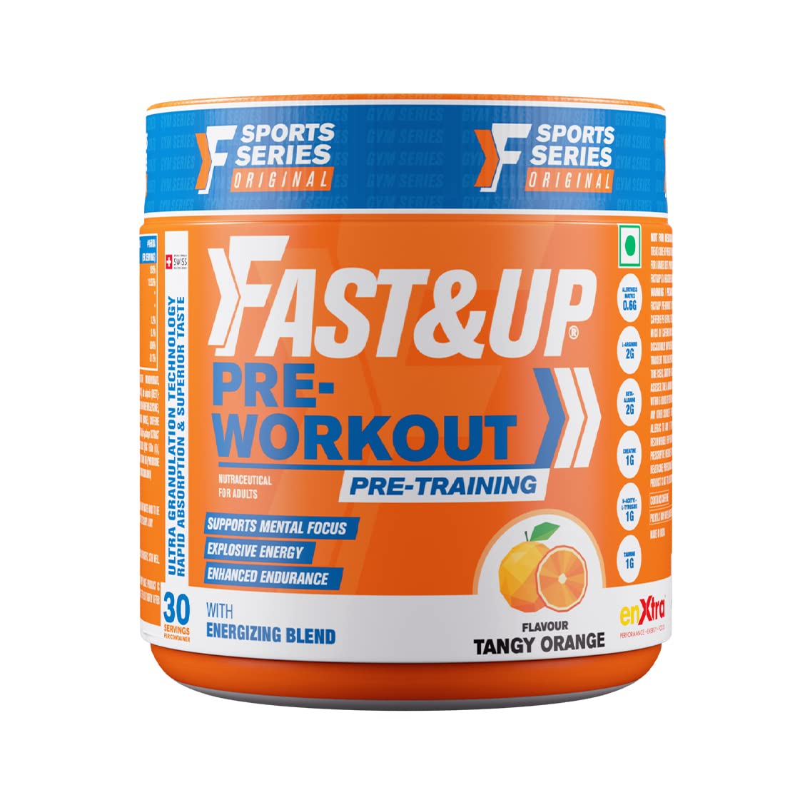 Fast&Up pre-workout supplement container with orange and blue design on a white background