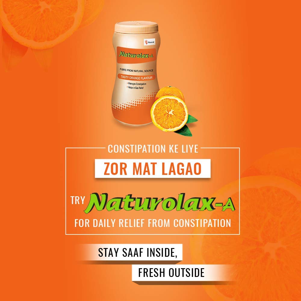 Advertisement for Naturolax-A constipation relief product with orange slices on an orange background.