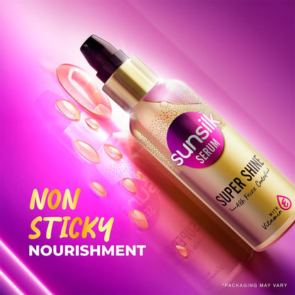 Sunsilk serum bottle on a pink background with product name and features highlighted