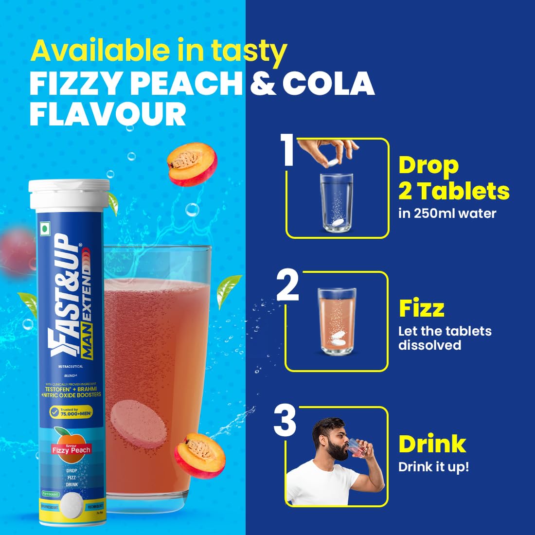 Fast&Up Maxi Extreme supplement with a glass of fizzy peach drink on a blue background