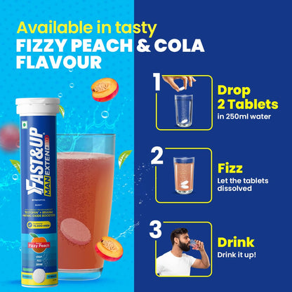 Fast&Up Maxi Extreme supplement with a glass of fizzy peach drink on a blue background